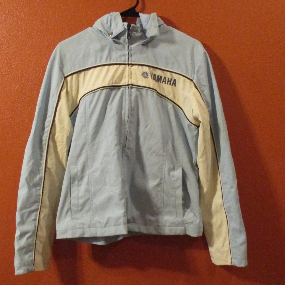 Yamaha Jacket Woman Large Blue White Black Full Zip Pockets Hooded Jacket